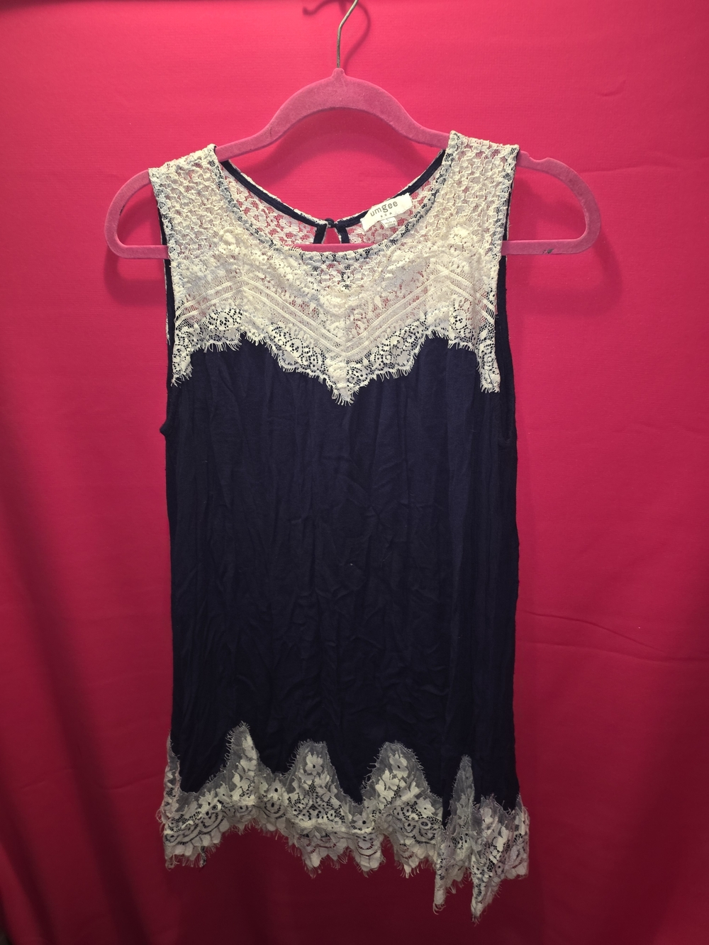 Mango Navy Tank with Ivory Lace Trim